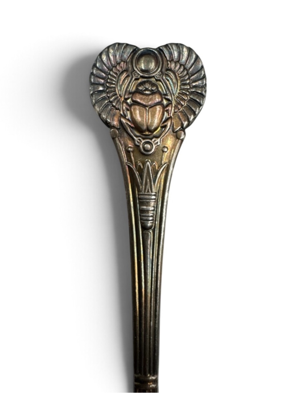 Vintage Silver Plate Egyptian Revival Scarab Beetle Demitasse Coffee Spoon 4.5”